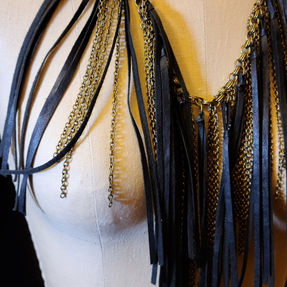 Black & Gold Faux Leather & Chain Fringe Necklace - Picture 3 of 4